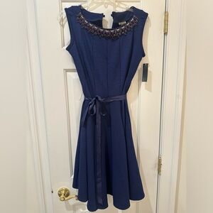 NWT HAANI Women’s Blue Embellished Jeweled Neck Sleeveless Belted Dress